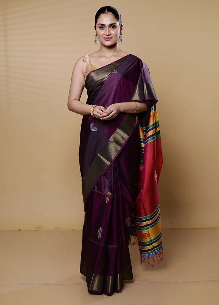 Purple Kalakshetra Kanjivaram Silk Saree With Blouse Piece