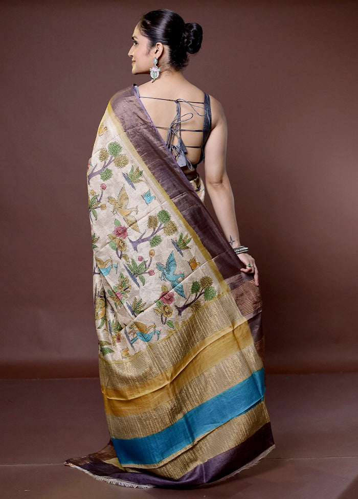 Cream Handloom Tussar Pure Silk Saree With Blouse Piece