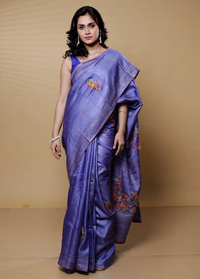 Blue Handloom Tussar Pure Silk Saree With Blouse Piece