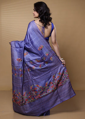 Blue Handloom Tussar Pure Silk Saree With Blouse Piece