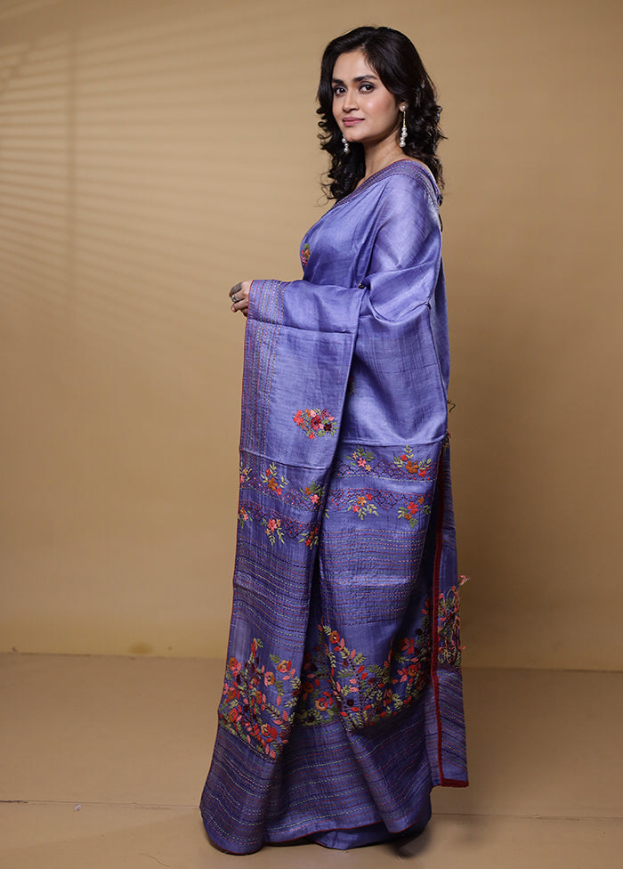 Blue Handloom Tussar Pure Silk Saree With Blouse Piece