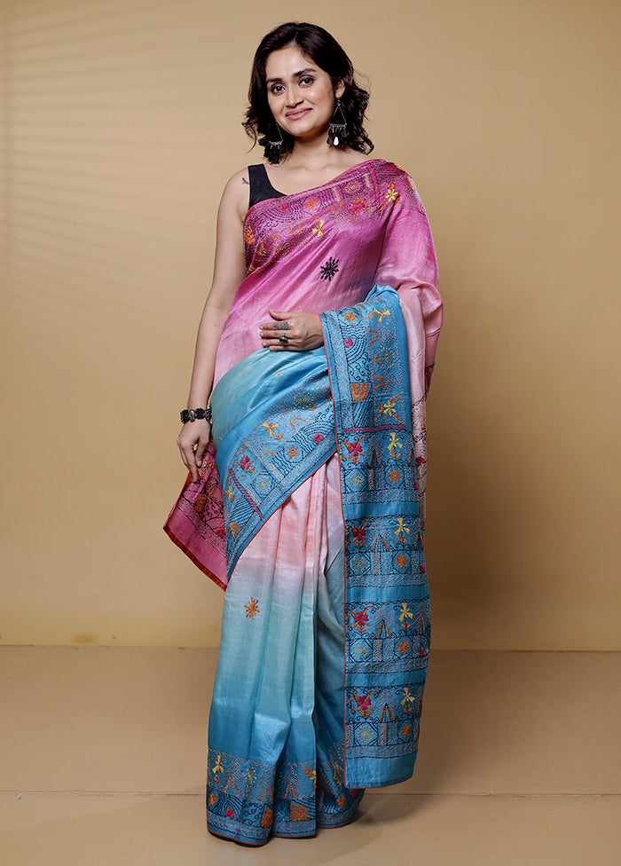 Pink Handloom Tussar Pure Silk Saree With Blouse Piece