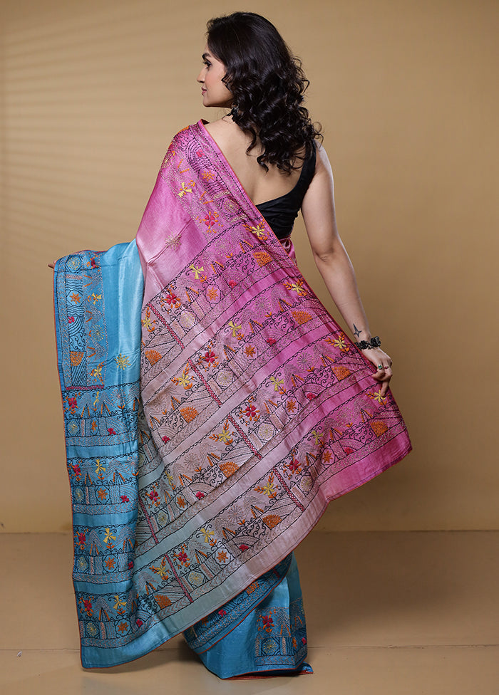 Pink Handloom Tussar Pure Silk Saree With Blouse Piece