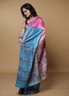 Pink Handloom Tussar Pure Silk Saree With Blouse Piece