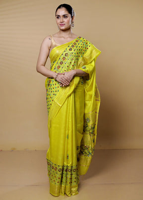 Yellow Handloom Tussar Pure Silk Saree With Blouse Piece