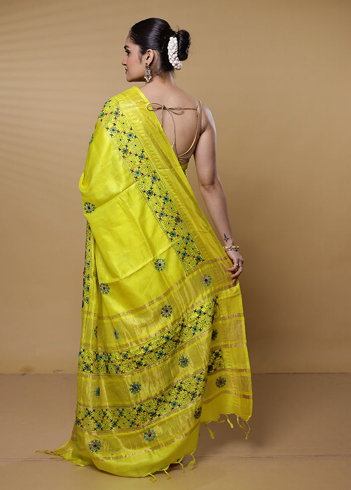 Yellow Handloom Tussar Pure Silk Saree With Blouse Piece