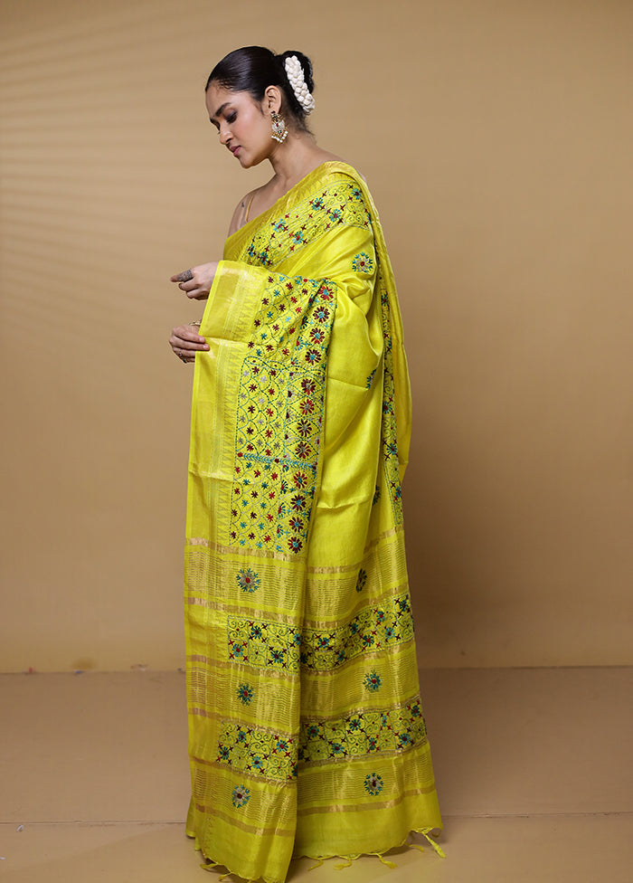 Yellow Handloom Tussar Pure Silk Saree With Blouse Piece