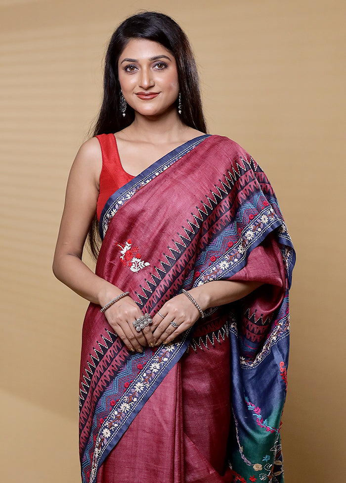 Grey Handloom Tussar Pure Silk Saree With Blouse Piece