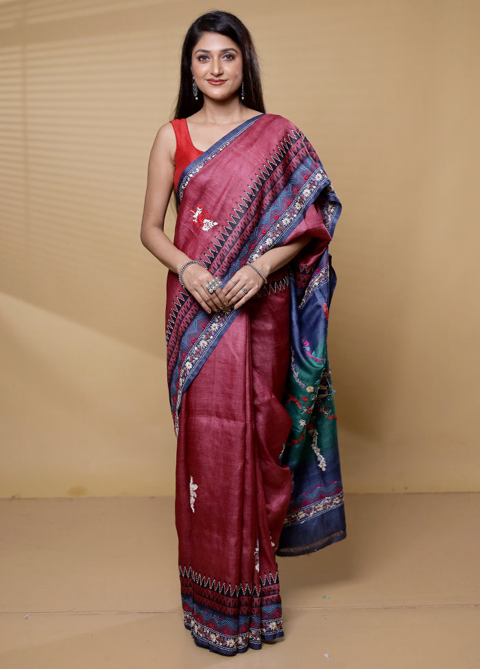 Grey Handloom Tussar Pure Silk Saree With Blouse Piece