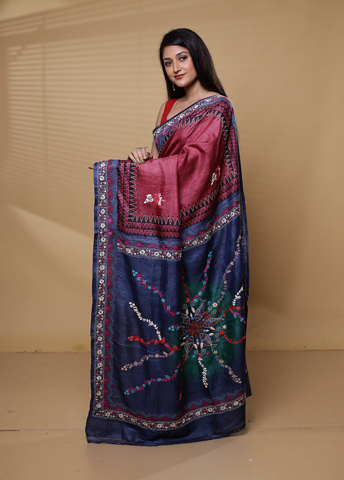 Grey Handloom Tussar Pure Silk Saree With Blouse Piece