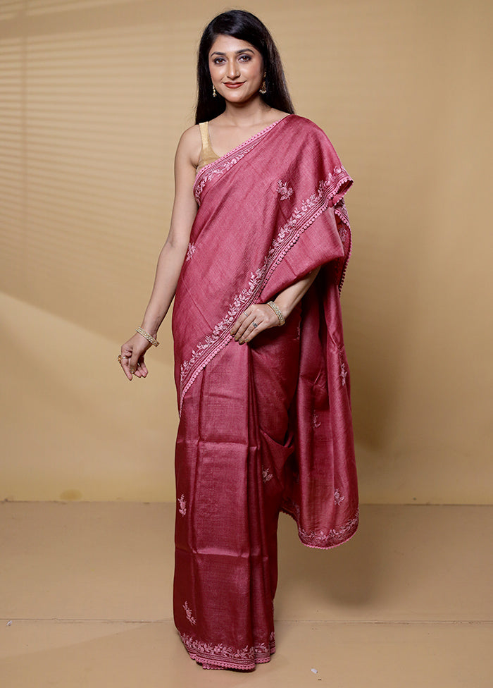 Pink Handloom Tussar Pure Silk Saree With Blouse Piece