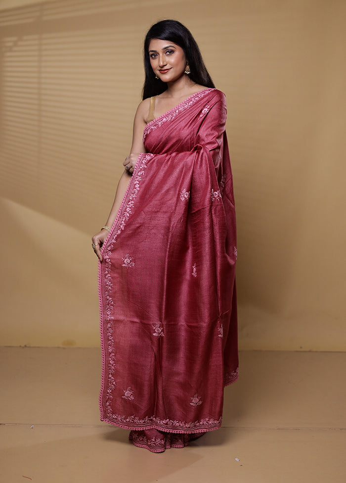 Pink Handloom Tussar Pure Silk Saree With Blouse Piece