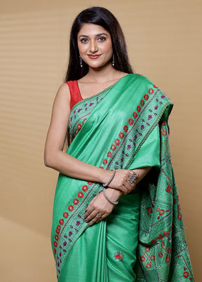 Green Handloom Tussar Pure Silk Saree With Blouse Piece