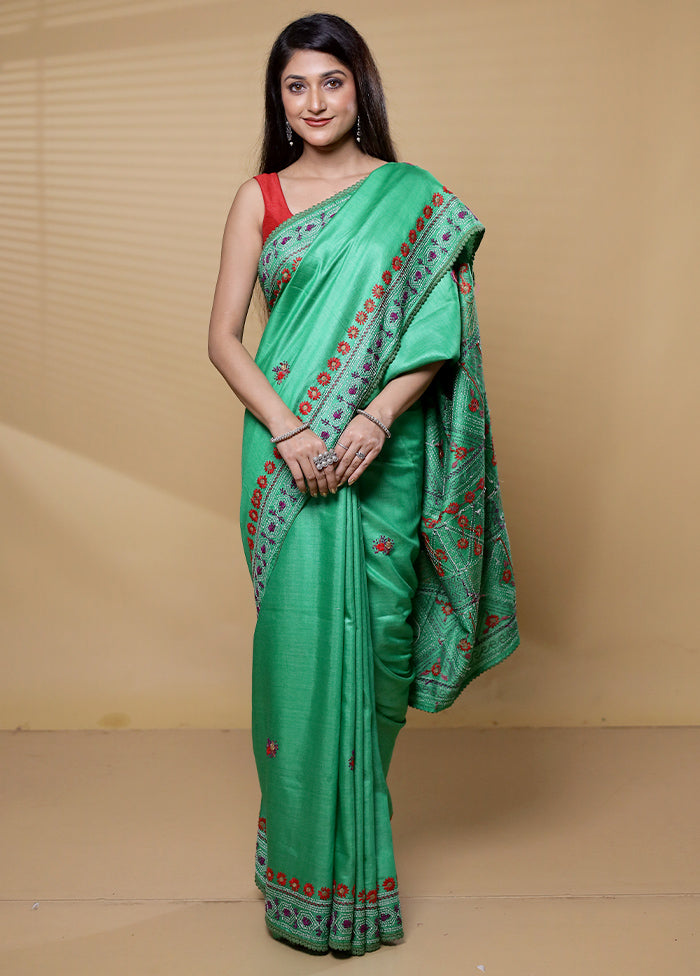 Green Handloom Tussar Pure Silk Saree With Blouse Piece