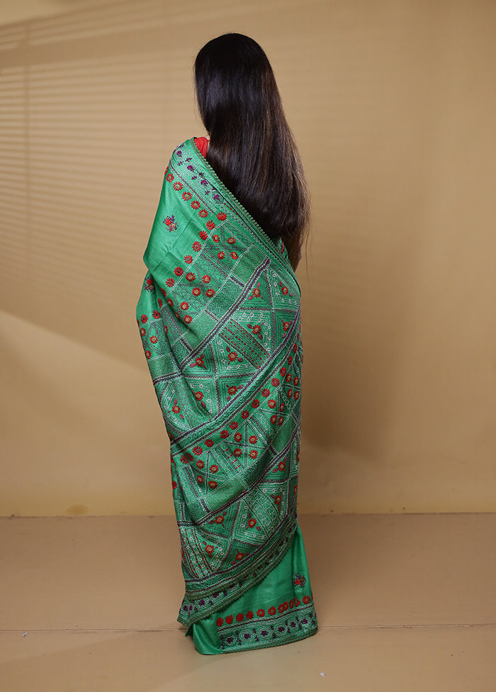 Green Handloom Tussar Pure Silk Saree With Blouse Piece