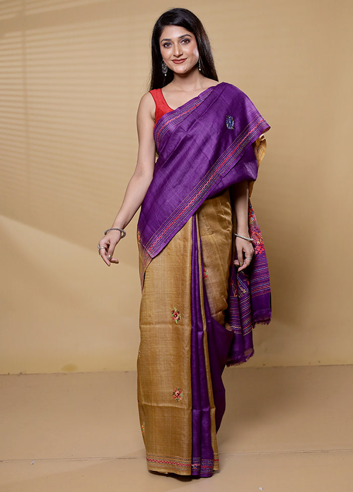 Blue Handloom Tussar Pure Silk Saree With Blouse Piece