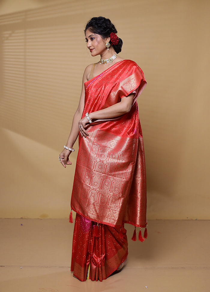 Red Dupion Silk Saree With Blouse Piece