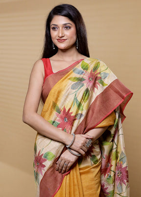 Yellow Handloom Tussar Pure Silk Saree With Blouse Piece