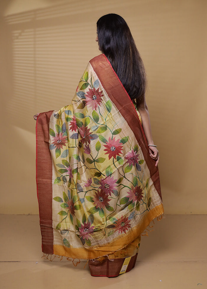 Yellow Handloom Tussar Pure Silk Saree With Blouse Piece