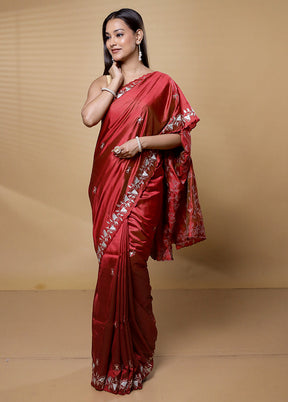 Rust Handloom Pure Bishnupuri Stich Saree Without Blouse Piece