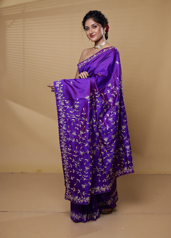 Purple Handloom Pure Bishnupuri Stich Saree Without Blouse Piece