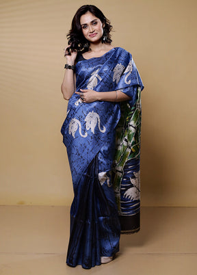 Blue Printed Pure Silk Saree Without Blouse Piece