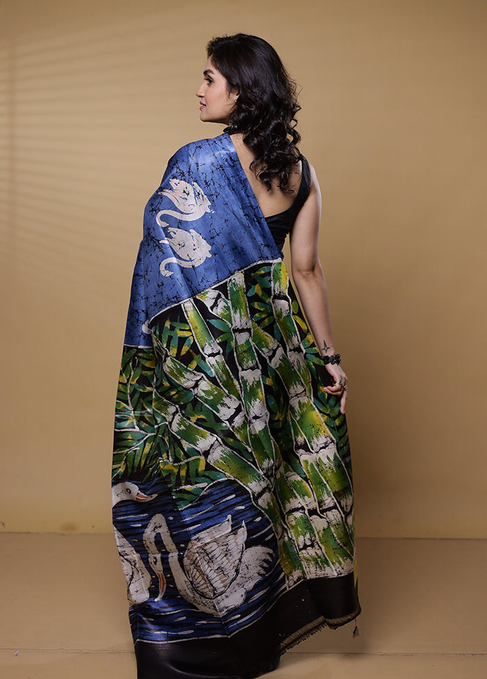 Blue Printed Pure Silk Saree Without Blouse Piece