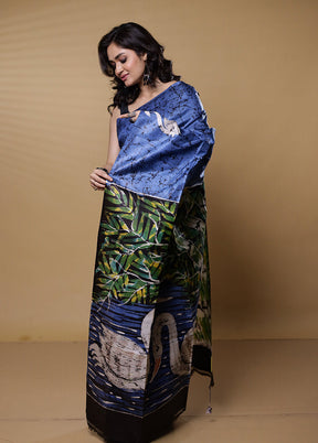 Blue Printed Pure Silk Saree Without Blouse Piece