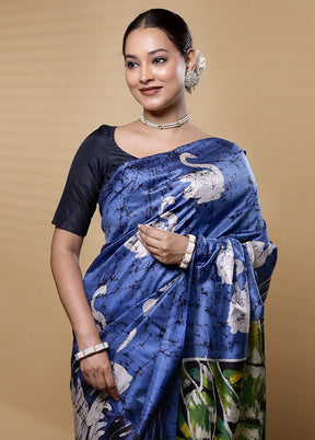 Blue Printed Pure Silk Saree With Blouse Piece