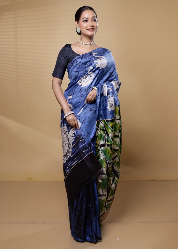 Blue Printed Pure Silk Saree With Blouse Piece