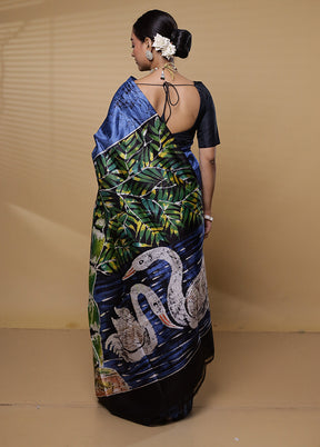 Blue Printed Pure Silk Saree With Blouse Piece