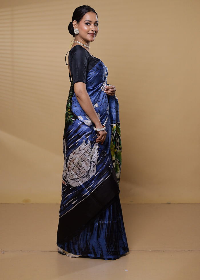 Blue Printed Pure Silk Saree With Blouse Piece