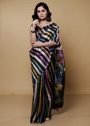 Black Printed Pure Silk Saree Without Blouse Piece