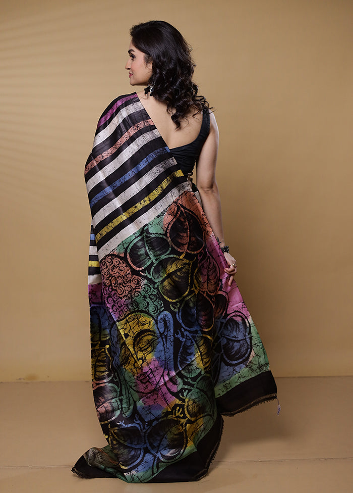 Black Printed Pure Silk Saree Without Blouse Piece