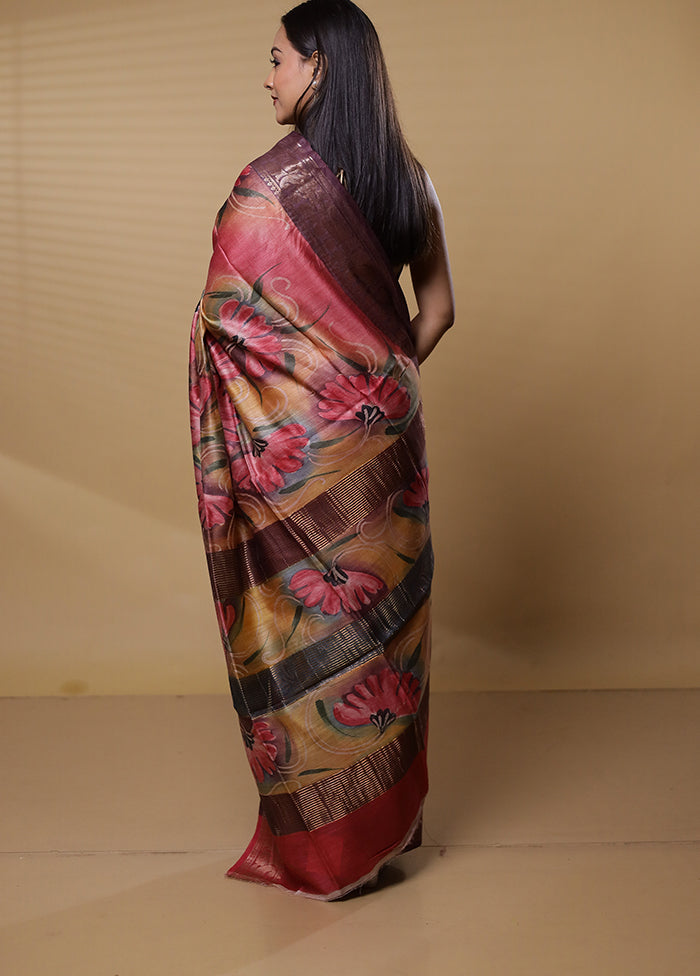 Pink Tussar Silk Saree With Blouse Piece