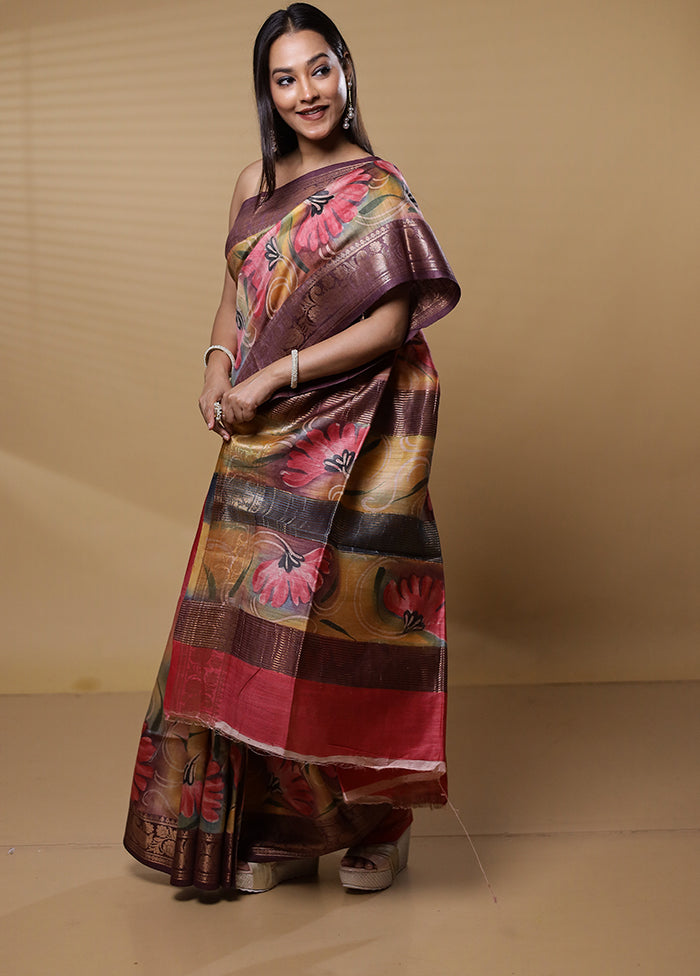 Pink Tussar Silk Saree With Blouse Piece