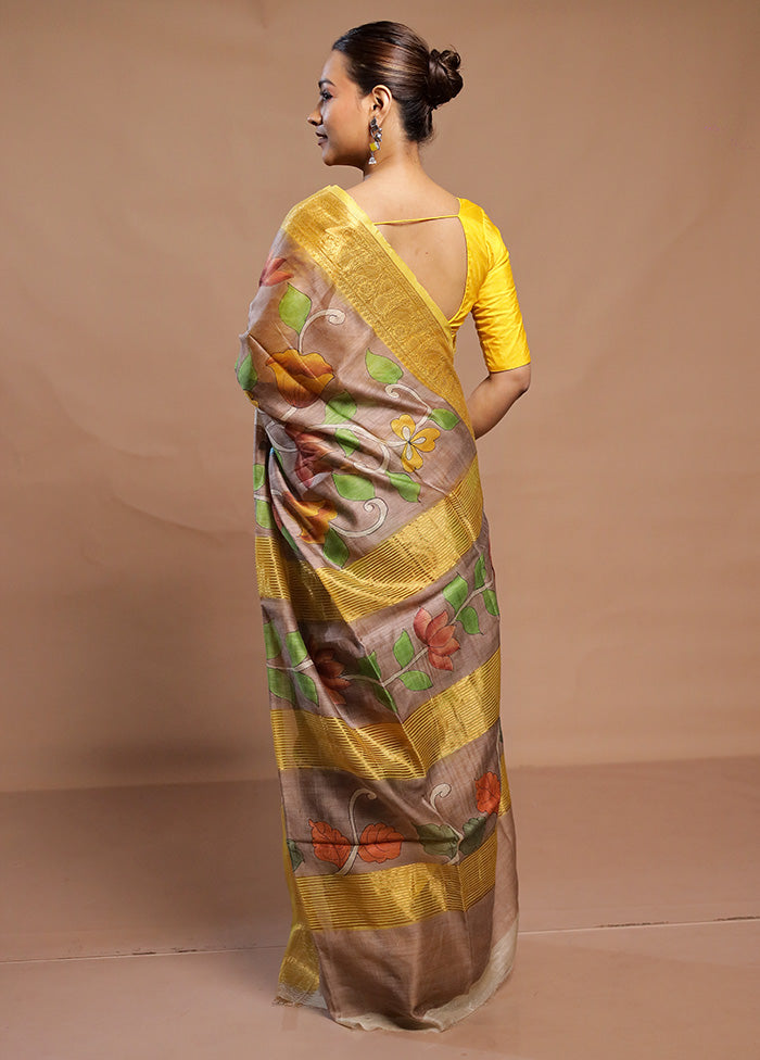 Brown Tussar Silk Saree With Blouse Piece