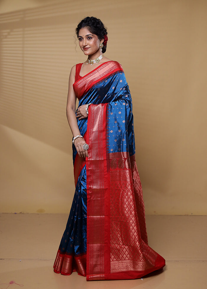 Blue Kanjivaram Silk Saree With Blouse Piece