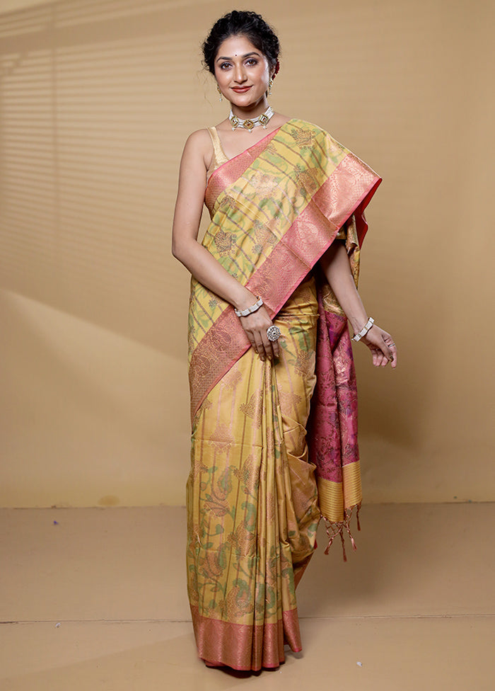 Yellow Dupion Silk Saree With Blouse Piece