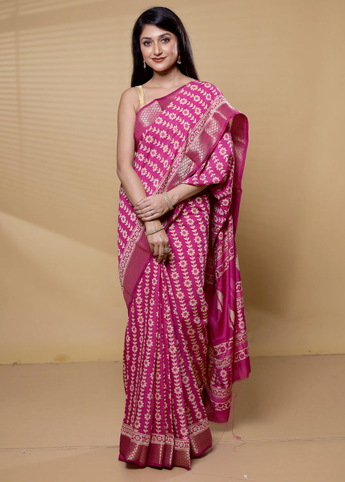 Pink Chanderi Cotton Saree With Blouse Piece