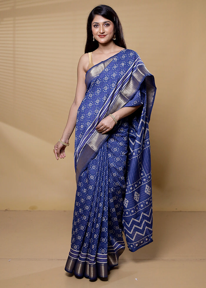 Blue Chanderi Cotton Saree With Blouse Piece