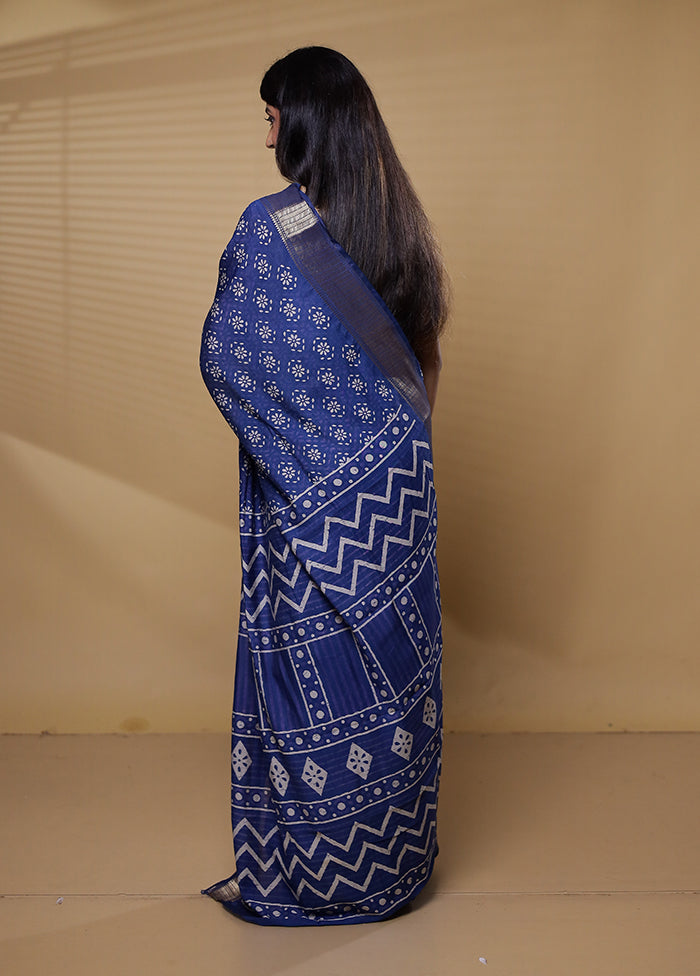 Blue Chanderi Cotton Saree With Blouse Piece