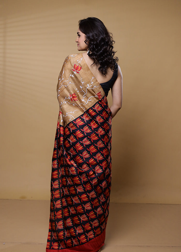 Brown Handloom Tussar Pure Silk Saree With Blouse Piece