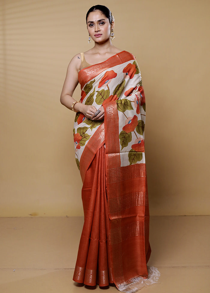 White Tussar Silk Saree With Blouse Piece