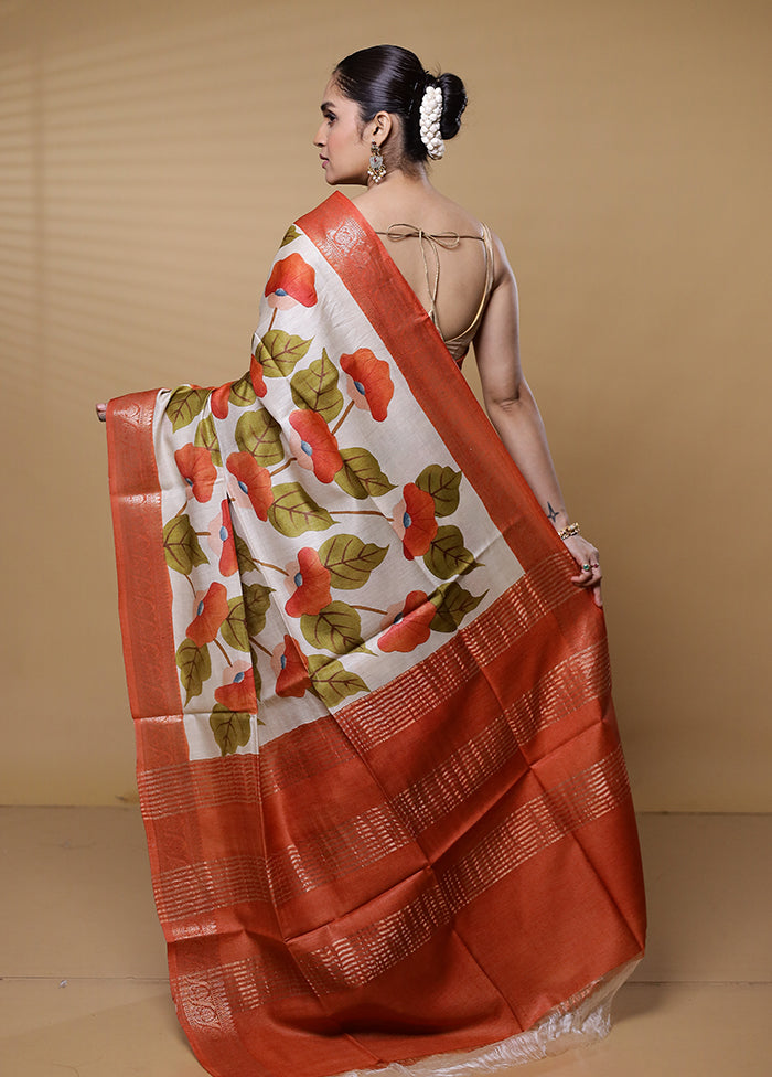 White Tussar Silk Saree With Blouse Piece