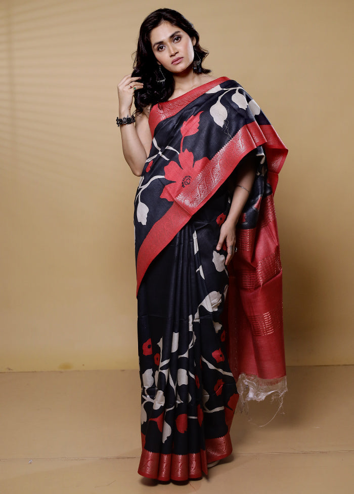 Black Tussar Silk Saree With Blouse Piece