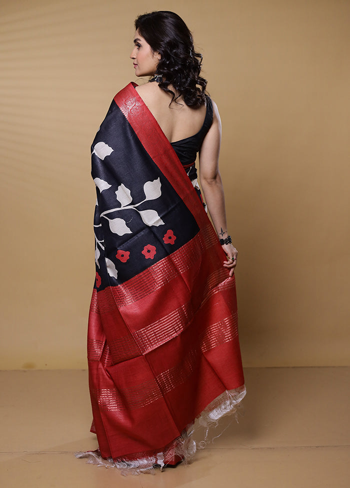 Black Tussar Silk Saree With Blouse Piece