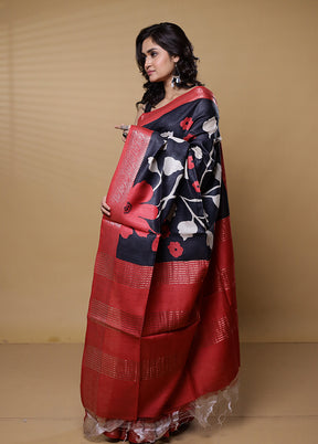 Black Tussar Silk Saree With Blouse Piece