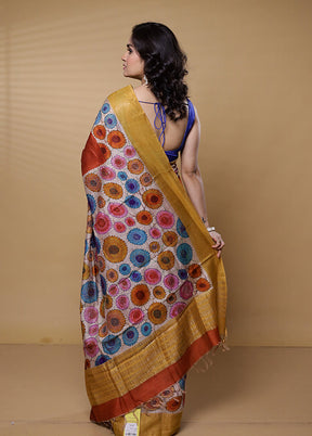 Cream Handloom Tussar Pure Silk Saree With Blouse Piece