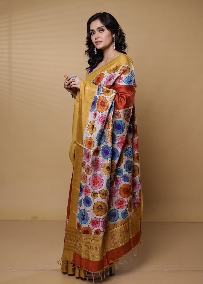 Cream Handloom Tussar Pure Silk Saree With Blouse Piece